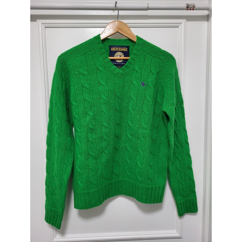 Vtg Abercrombie Fitch Green Shetland Wool Cashmere Preppy Cableknit Sweater Sz S